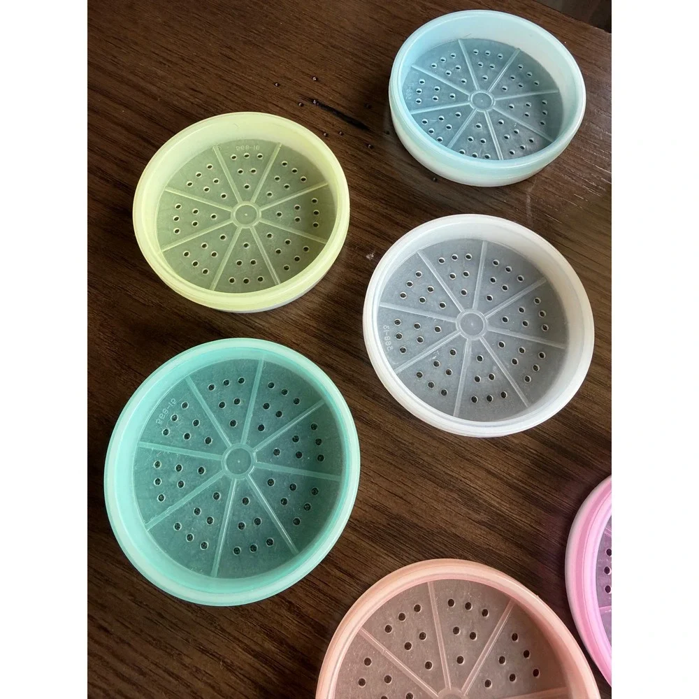 Vintage Tupperware Wagon Wheel Coaster Set Pastel Rainbow 6 Coasters with Caddy